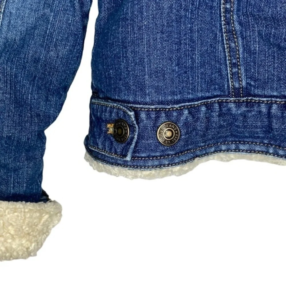 GAP Girls Jean Jacket Denim Blue Faux Sherpa Lined Floral Embroidered Size XL 12